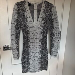Bebe Silver Sequin Long Sleeve Bodycon Mini Dress